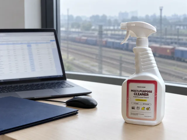 Fresh Home multi-purpose cleaner beside a laptop and an unmarked folder on a freight-planning desk
