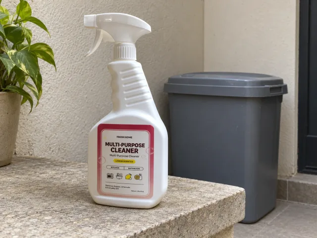 A closed cleaning product bottle on a stone ledge beside a closed grey household collection container