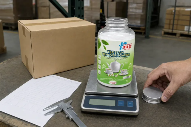 Qiaoshou tea stain remover powder jar on a shipping scale beside a kraft carton, calipers and a blank packaging weight worksheet in a warehouse receiving corner