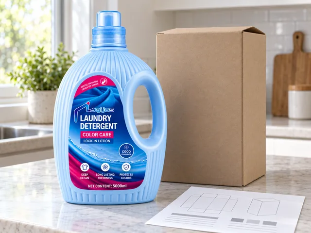 Lagijos laundry detergent bottle beside an unbranded carton mock-up and packaging data sheet on a bright kitchen counter