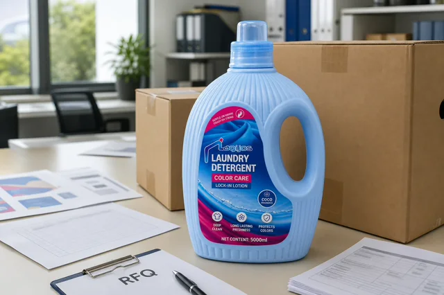 Qiaoshou laundry detergent bottle on a procurement desk with cartons, RFQ papers, label proofs and packing documents for a cleaning product quotation brief