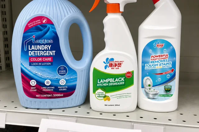 Qiaoshou laundry detergent, kitchen degreaser and toilet cleaner samples grouped on a retail shelf while a buyer reviews a range planning sheet