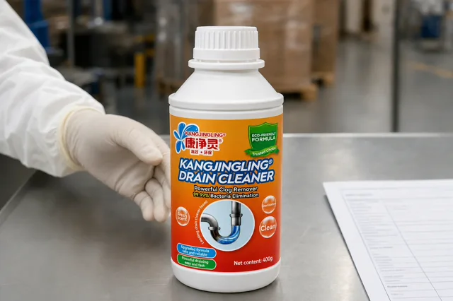 Qiaoshou drain cleaner bottle on a stainless QC table with a gloved hand and ingredient declaration review sheet