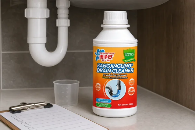 Qiaoshou drain cleaner bottle under a bathroom sink beside white PVC pipe, a measuring cup and a buyer checklist clipboard for pipe-safety wording review