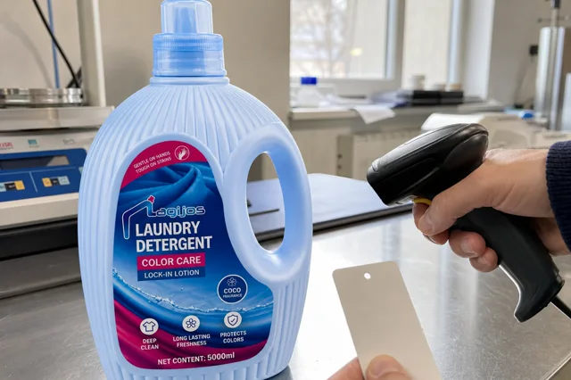 Qiaoshou laundry detergent bottle in a packaging review lab while a buyer scans the label beside a plain material swatch card