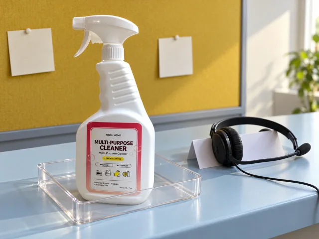 The catalogue’s Fresh Home 750 ml multi-purpose cleaner bottle at an illustrative service counter with a headset and blank note card; no customer is shown.