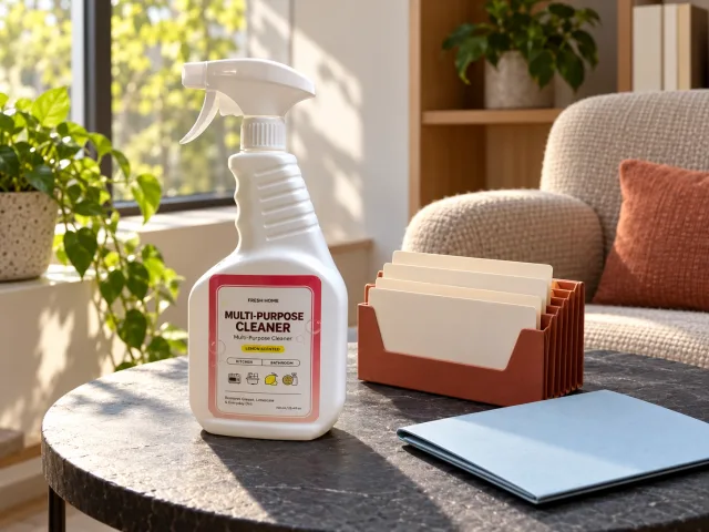 White Fresh Home 750 ml bottle on a dark round table beside a terracotta accordion folder, plain cream cards and a closed blue folder in a sunlit meeting nook, with no people.