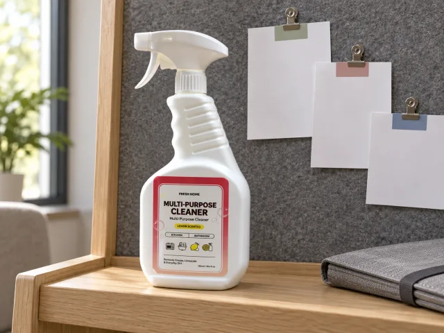 Fresh Home cleaner on an oak sample rack beside blank revision cards and a grey document sleeve