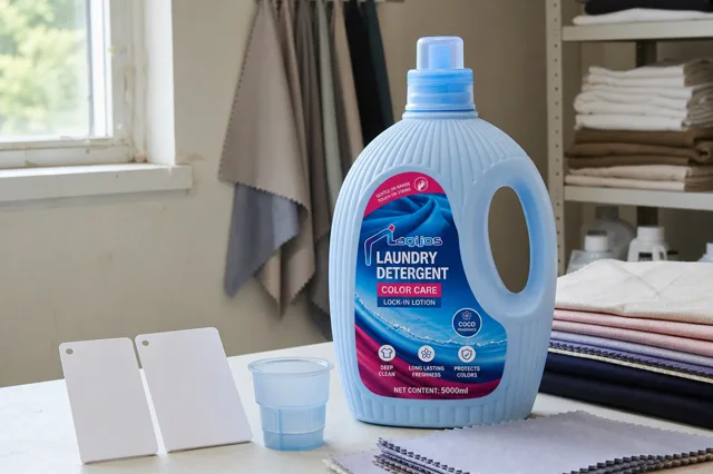 Qiaoshou Lagijos laundry detergent bottle in a laundry sample room with fabric swatches, dosing cup and blank scent cards for formula-change review