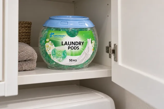 Illustration of a closed Kangjingling laundry-pod tub with green pods and a blue lid, stored in a utility cabinet near a laundry area
