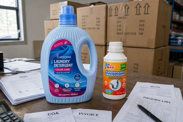 Qiaoshou laundry detergent and drain cleaner products in a warehouse pre-shipment inspection scene with cartons, SDS, MSDS, COA, invoice and packing list documents