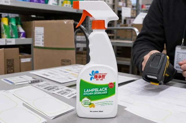 Qiaoshou kitchen degreaser trigger bottle on a supermarket back-room table with blank label proofs, barcode stickers and a handheld scanner for SKU review