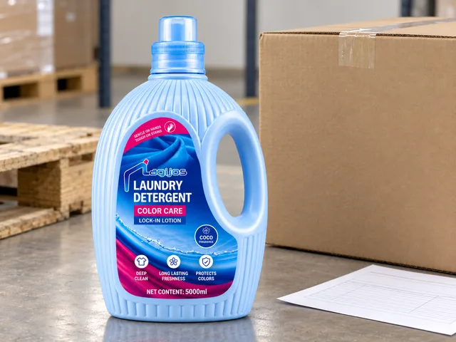 Lagijos blue laundry detergent bottle on a dispatch table beside a blank carton, packing sheet and pallet corner