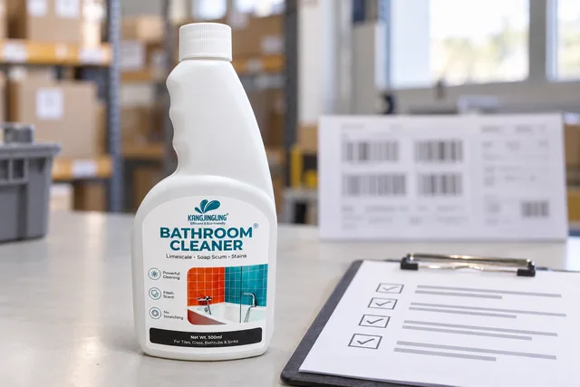 Kangjingling 500 ml bathroom cleaner on a warehouse inspection table beside generic traceability paperwork