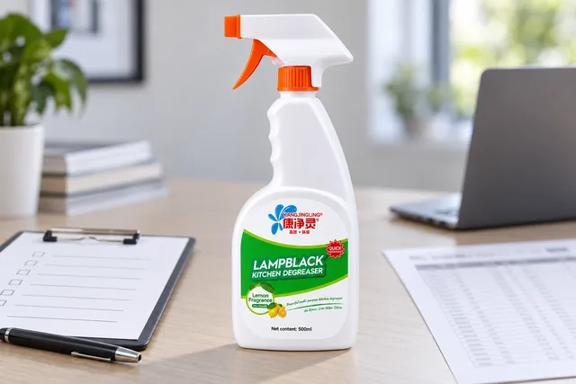 Kangjingling 500 ml kitchen degreaser on a private-label artwork review table beside a blank SKU checklist