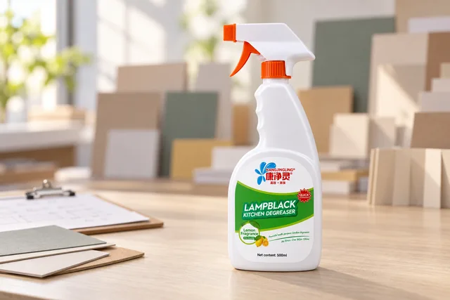 Kangjingling 500 ml kitchen degreaser trigger bottle on an editorial packaging-review table