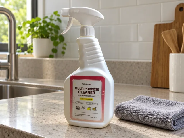 Fresh Home 750 ml multi-purpose cleaner trigger bottle on a counter beside a folded cleaning cloth