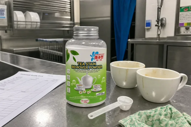 Qiaoshou tea stain remover powder jar on a catering dishwashing counter with stained cups, a measuring spoon and a sample check sheet