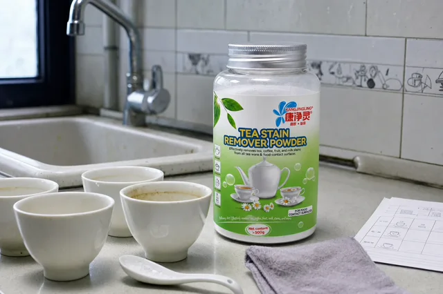 Qiaoshou tea stain remover powder jar beside stained tea cups, a sample spoon and a check sheet in a catering wash area