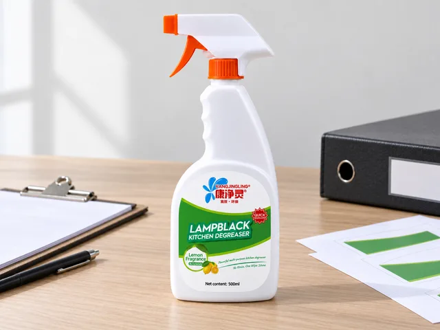 Kangjingling 500 ml kitchen degreaser beside blank label sheets and a buyer document folder