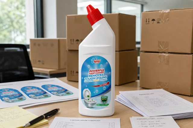 Qiaoshou toilet cleaning solution bottle on a procurement desk with cartons, label proofs, warning-label notes and packing list papers